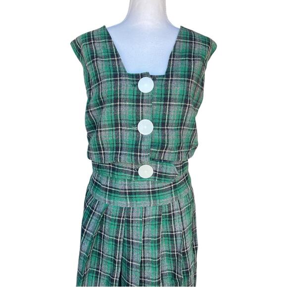 Vintage Plaid Wool Vest Skirt Set Womens Medium 60s Tartan Outfit Matching Retro - Picture 2 of 11
